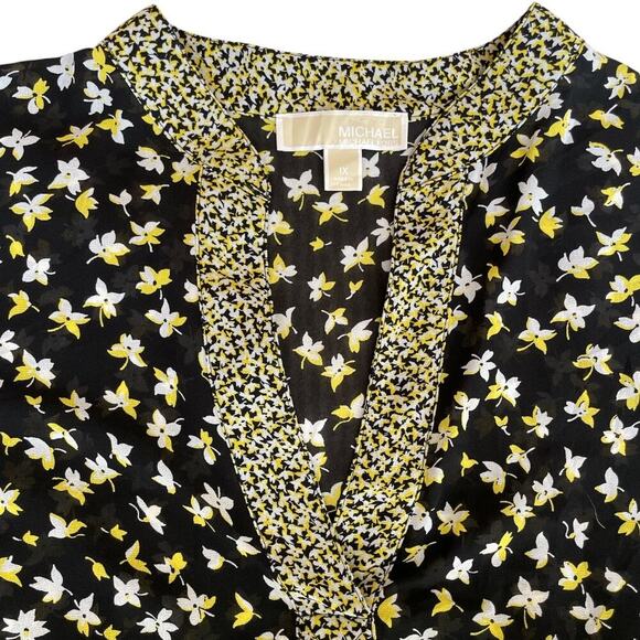 Michael Michael Kors Lillies Split Neck Blouse Black Yellow Sz 1X - Picture 4 of 7